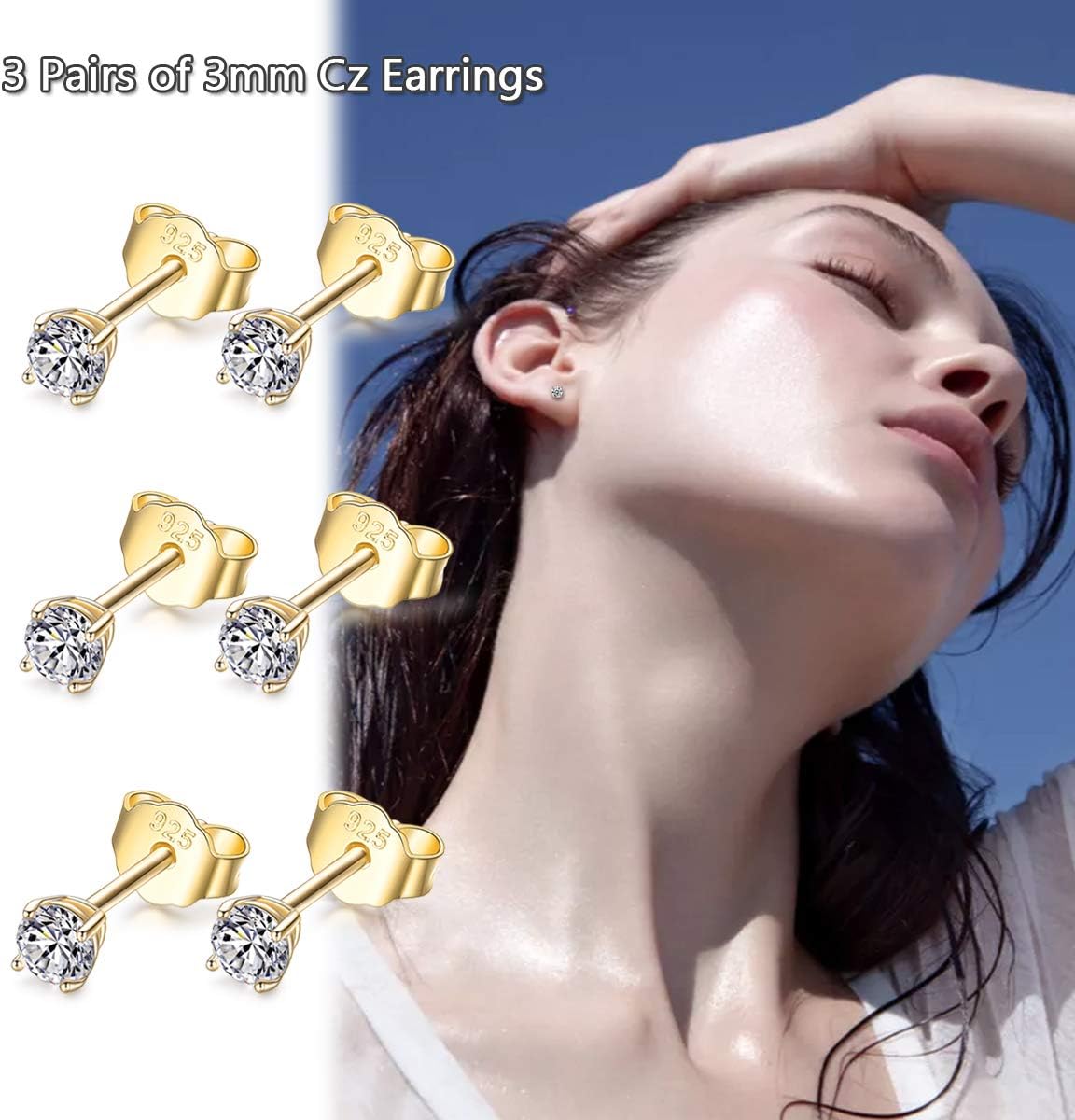 EPIRORA Sterling Silver Stud Earrings for Women Men- 3 Pairs 3mm Tiny Ball Stud Earrings Round CZ Earrings Pearl Earrings Set Cartilage Small Tragus Earrings - Image 3