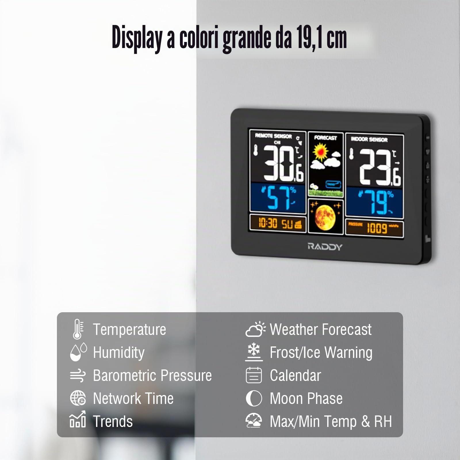Raddy N75 Stazione Meteo Wi-Fi con Sensore Esterno 7,5", APP Dati Meteo, Orologio di Rete, Previsioni