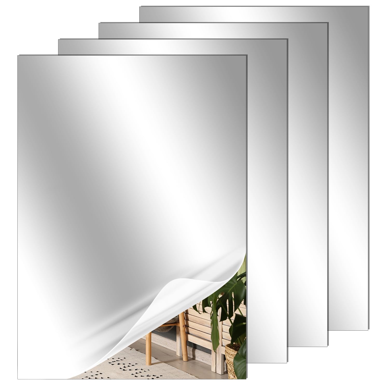 Qwork Qwork® 4Pcs A4 Self-Adhesive Mirror, Acrylic Mirror Sheets 2Mm Thick, For Bedroom, Bathroom