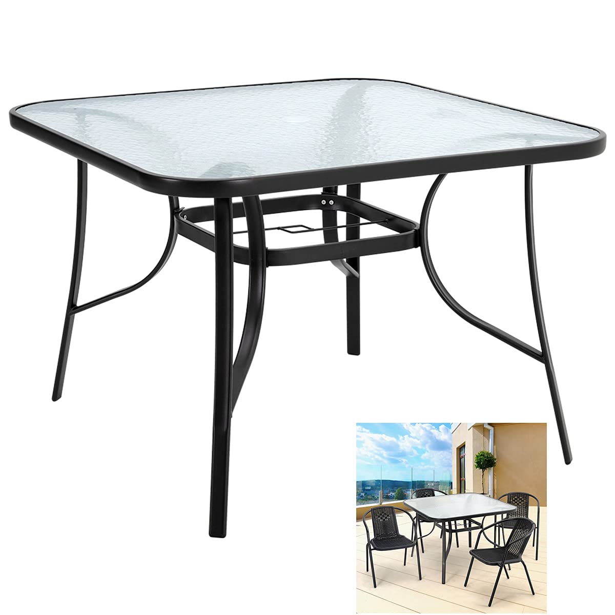 The Fellie Patio Table Outdoor Tempered Glass Top Dining Table Square Coffee Table with Umbrella Hole for Garden, Backyard, Balcony (105 x 105 x 72cm-Square Table, Black)