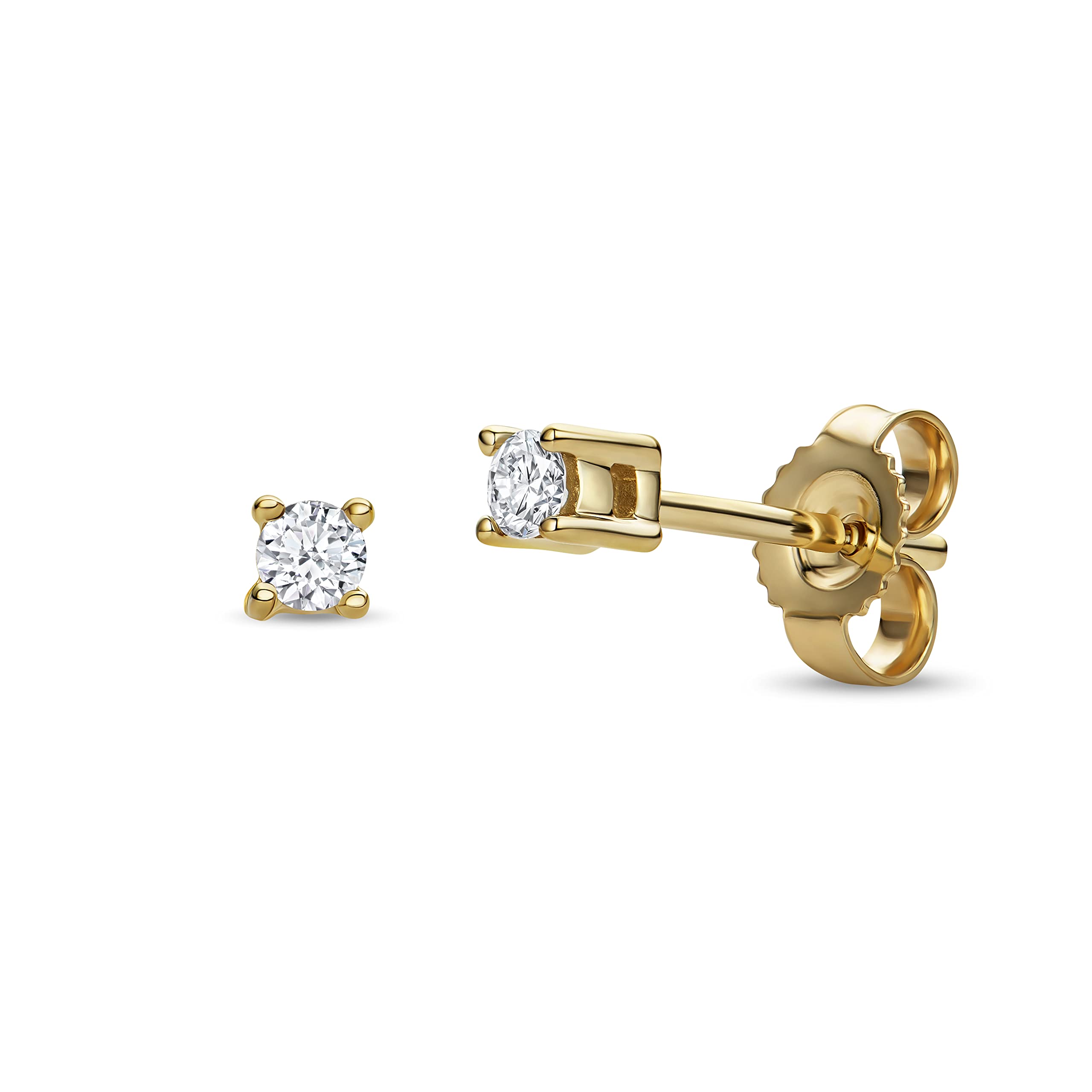 MIORELab Diamonds, 4 prong stud earrings solitaire in 14 karat 585 white gold/yellow gold with 0.10 carat lab created diamonds 2.5 x 2.5 mm