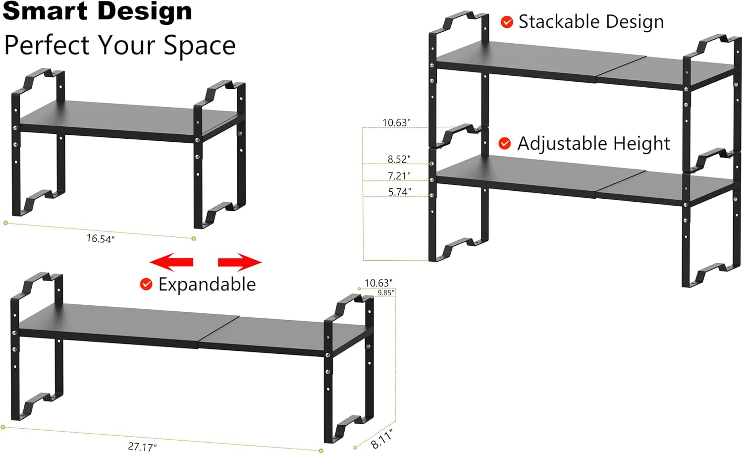 Jojocross Expandable Shelf for Cabinet Organizer Adjustable Stackable Spice Rack at Kitchen and Bathroom More, Counter Countertop Cupboard Organization Pantry Storage(MEDIUM/1PACK/BLACK)