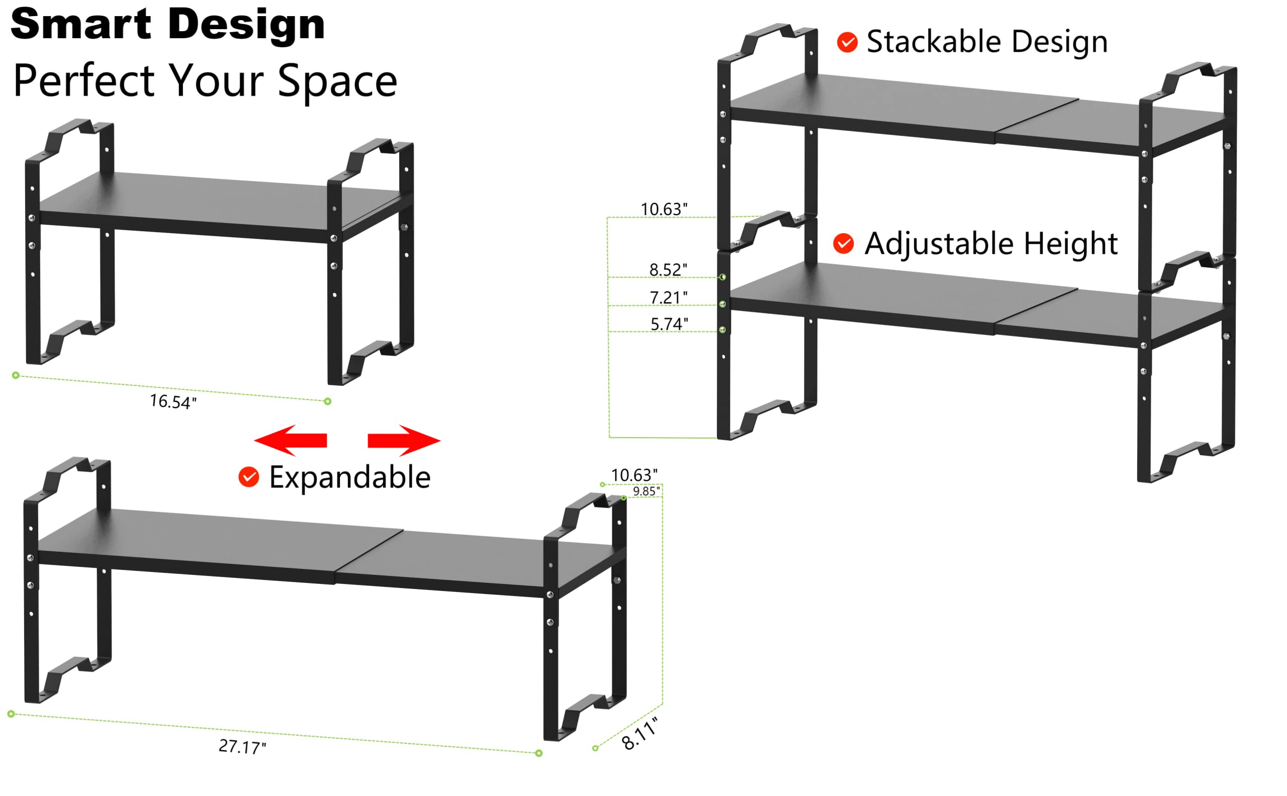 Jojocross Erweiterbares Regal für Schrank, Organizer, stapelbares Gewürzregal in Küche und Bad, Arbeitsplatte, Schrank, Organisation, Speisekammer, Aufbewahrung (mittel/2 Packungen/Schwarz)