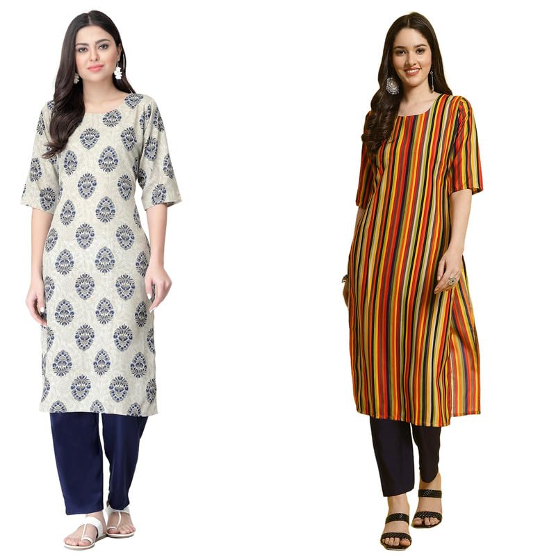 Pinkmint Straight Printed Kurti Party Wera Kurti Kurta Pant Set (Pack Of 2) Blue-Orange