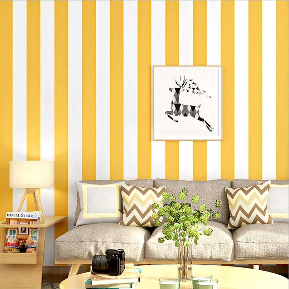 MEAIHOME Modern Simple Horizontal Vertical Striped Bedroom Coffee Restaurant Clothing Store TV Background Non-Pasted Wallpaper Roll Yellow White 1.73' L x 32.8' W - Image 2