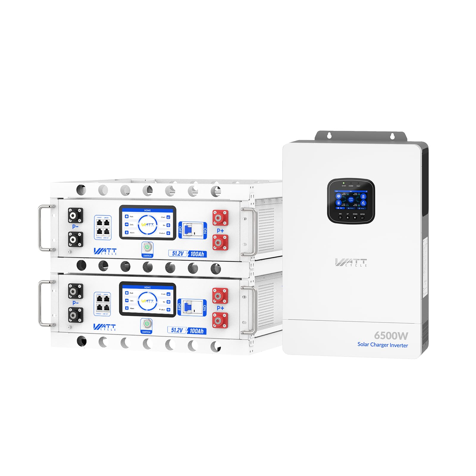 WattCycle 6500W 48V Hybrid Inverter with 2×48V 100Ah Rack Batteries
