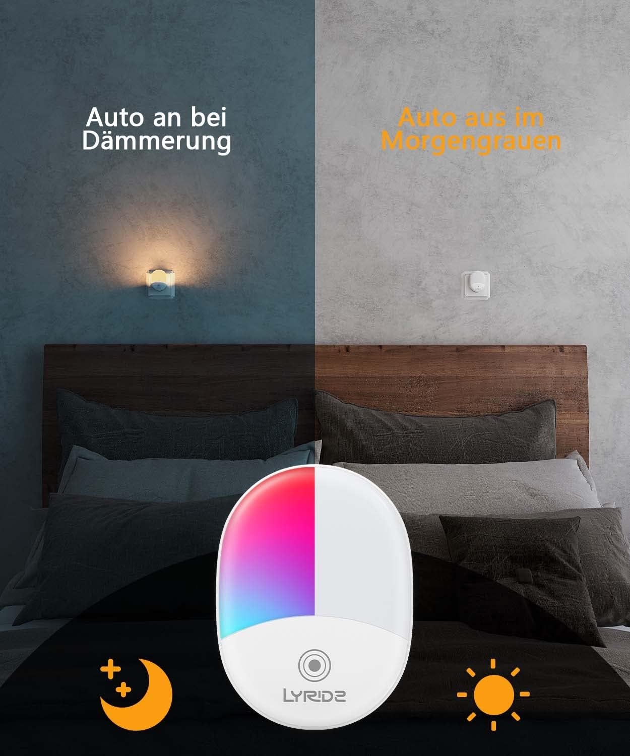 Diagram showing how to adjust brightness and change colors on the night light
