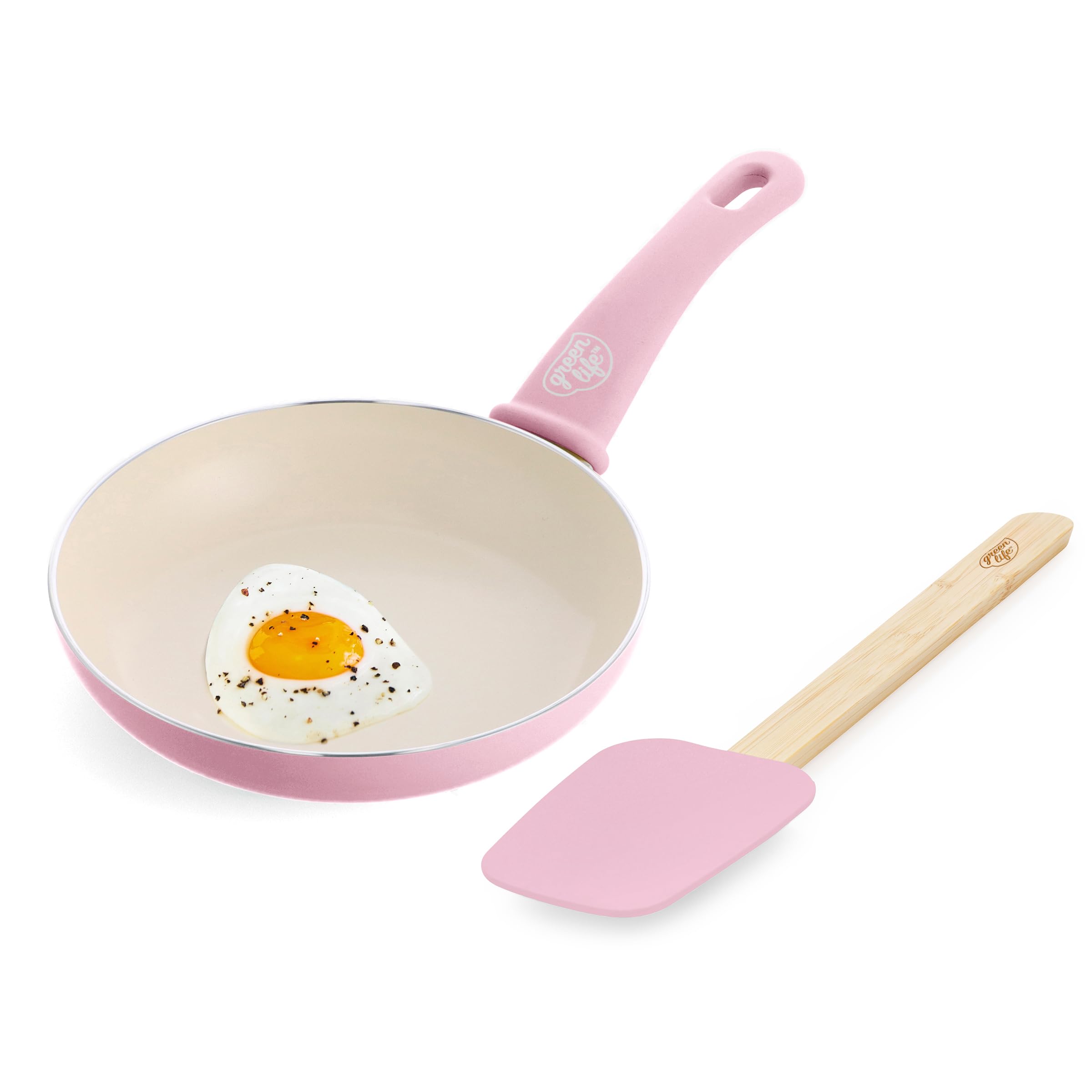 GreenLifeSoft Grip 8” Frypan Skillet and Spatula Breakfast Cookware Set, PFAS-Free Ceramic Nonstick, Silicon Spatula with Bamboo Handle, Egg Omelette Bacon, Dishwasher Safe, Stay-Cool Handles, Pink