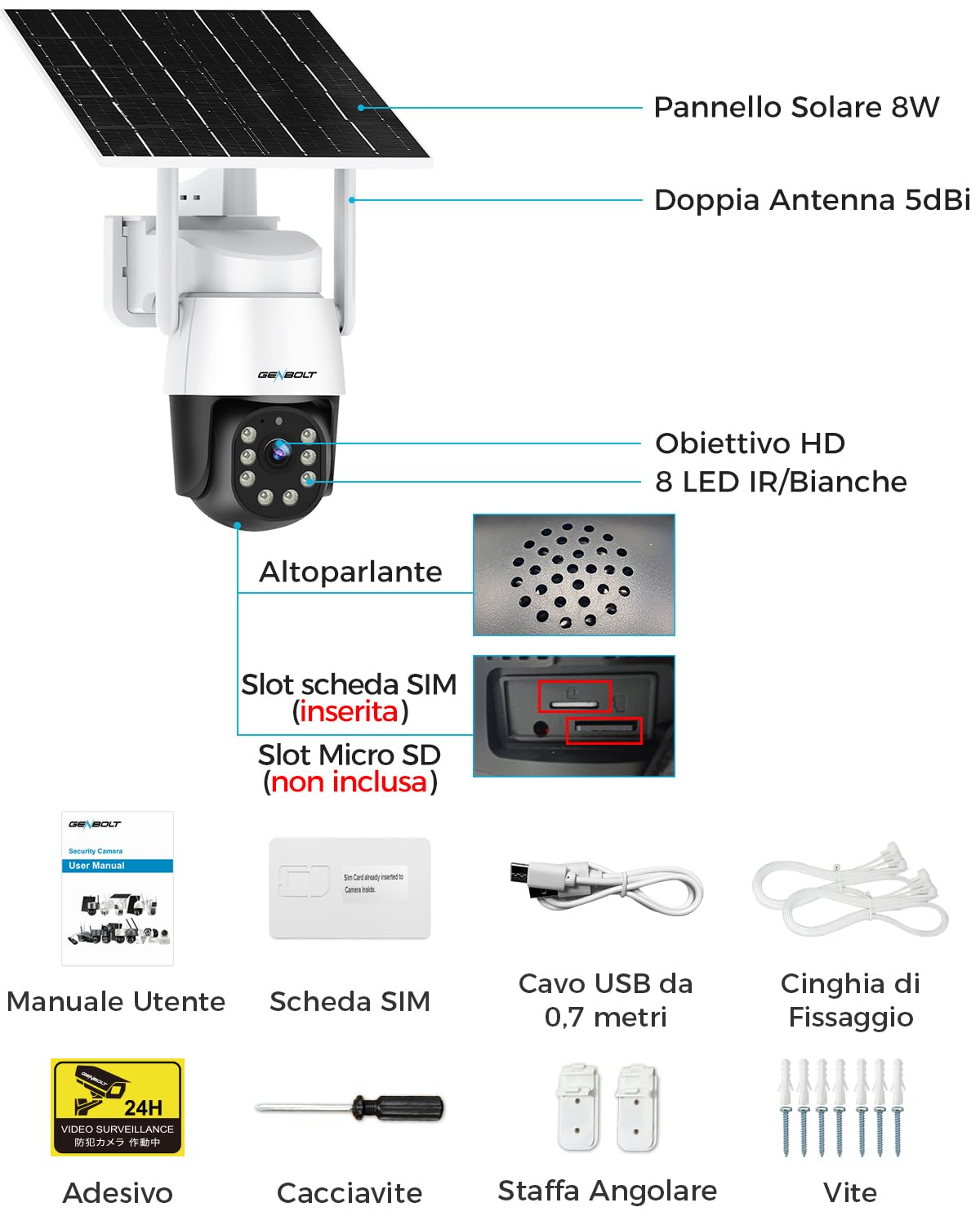 GENBOLT 4G AOV Solare Telecamera Esterno Senza Fili di Sicurezza Esterni | Registrazione Continua 24/7,3MP IP Videocamera Sorveglianza,SIM Card,Rilevamento AI 90FT,CCTV Camera Batteria 8W 10400mAh