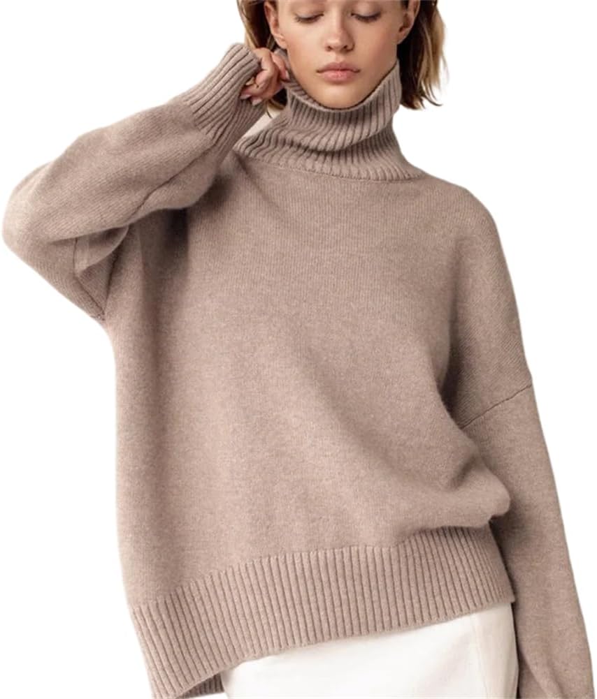 Casual Loose Knitted Neck Sweater Pullover for Autumn/Winter Women' Solid Sleeve Warm Tops Sweater