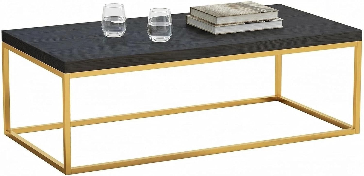 CENSI 47-Inch Black Oak and Gold Coffee Table/Center Table for Living Room, Rectangle Modern Industrial Style, Wood and Metal, 1.6" Extra Thick Top