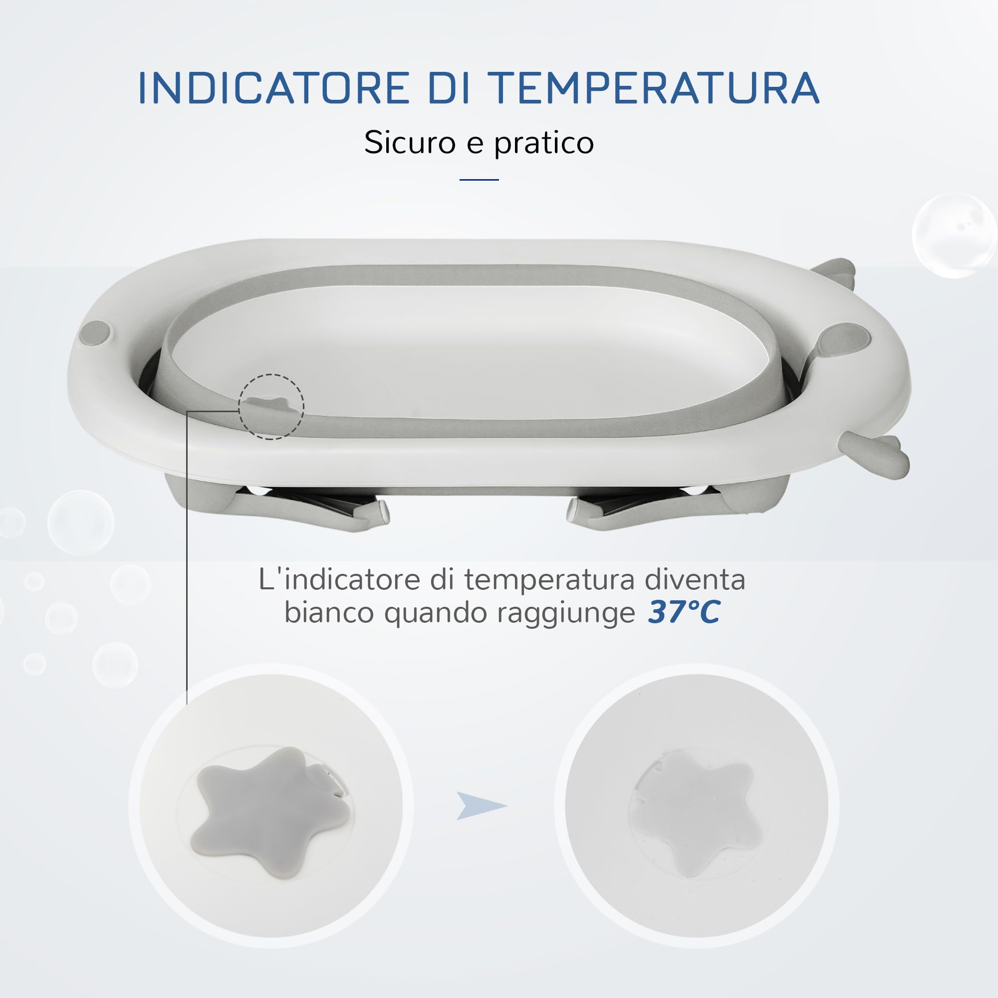 HOMCOM Vaschetta Bagnetto Pieghevole per Bambini 0-3 Anni con Indicatore di Temperatura e Cuscino, 81.5x50.5x23.5cm, Bianco