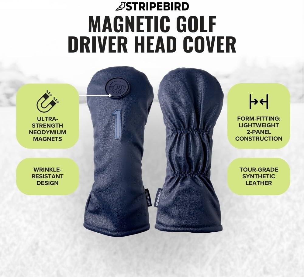 Stripebird Magnetic Golf Driver Head Cover - Ultra-Strength Neodymium, Magnetically Attached - Durable Golf Club Headcover - Lightweight Modern Design - Versatile Fit for All Major Brands