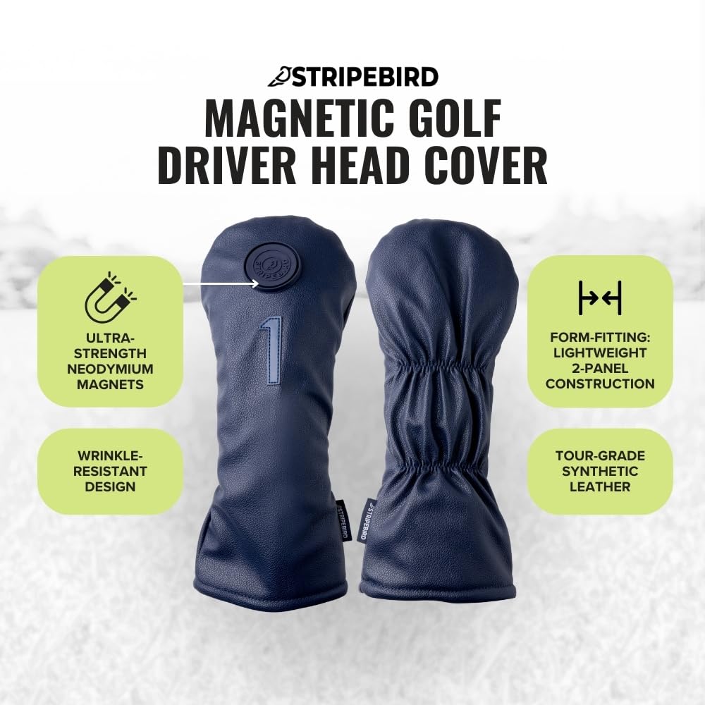 Stripebird - Golf Magnetic Driver Head Cover (Navy Blue) - Ultra-Strength Neodymium Magnet - Magnetically Attach Driver Covers for Golf Clubs - Protective Driver Head Covers for Golf Clubs