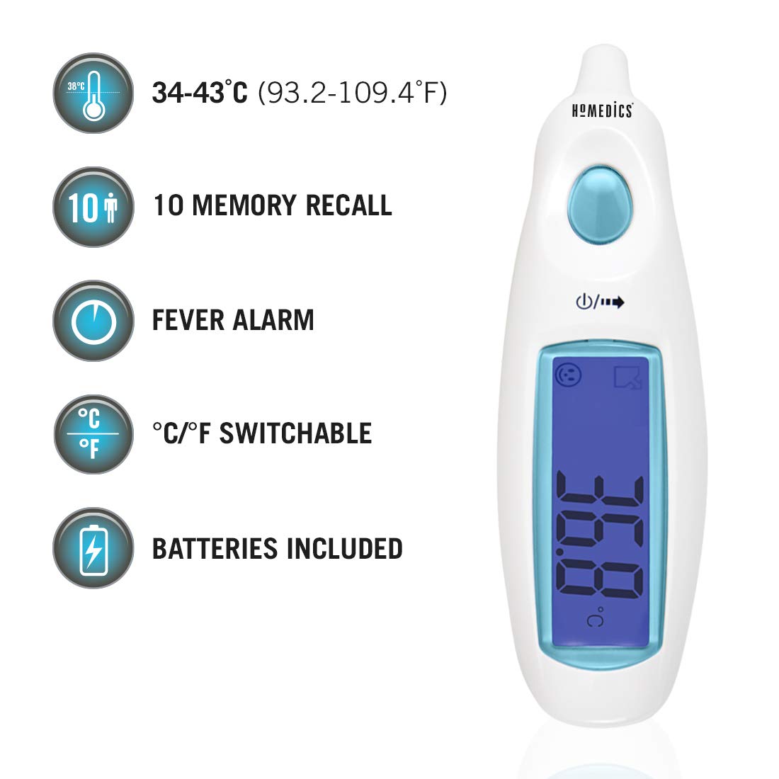 HoMedics Jumbo Display, Termometro Auricolare ad Infrarossi, Termometro da Orecchio con Allarme Febbre