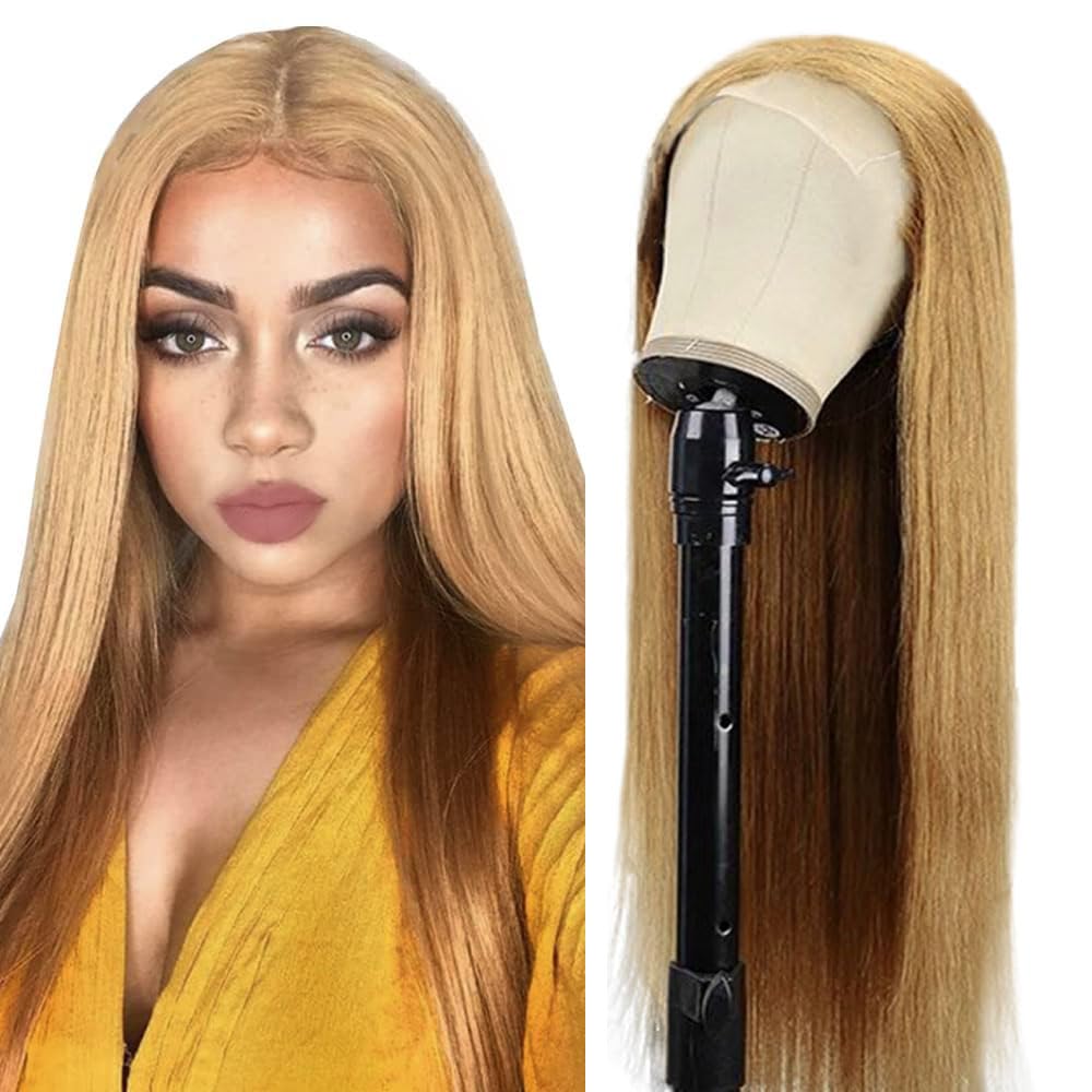 Weeybay #27 Honey Blonde Color Straight 4x4 Lace Front Wigs 34 Inch 180% Density Doubles Weft 100% Unprocessed Glueless Transparent Lace Human Hair Wig For Women