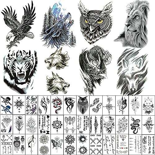 45 Sheets Temporary Tattoo Stickers Black For Men (8 Large Eagle Owl Wolf Tiger Dragon Lion Tribal Totem Pattern) 37 Small Waterproof Fake Tattoos Shoulder Chest Body Art Makeup Removable (Pattern1) #TOP24