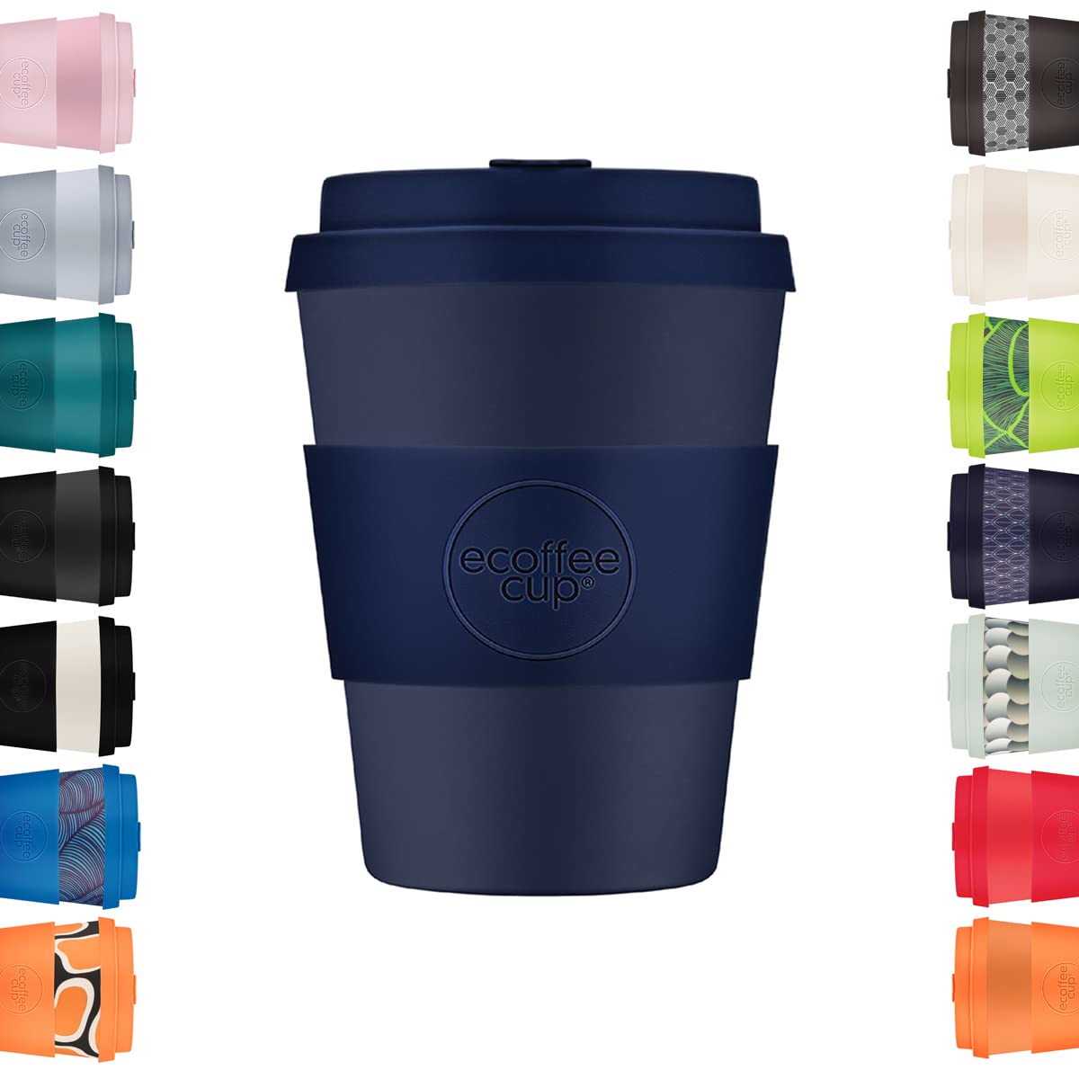 12oz 350ml Reusable Eco-Friendly 100% Plant Based Coffee Cup with Silicone Lid & Sleeve - Melamine Free & Biodegradable Dishwasher/Microwave Safe Travel Mug, Dark Energy