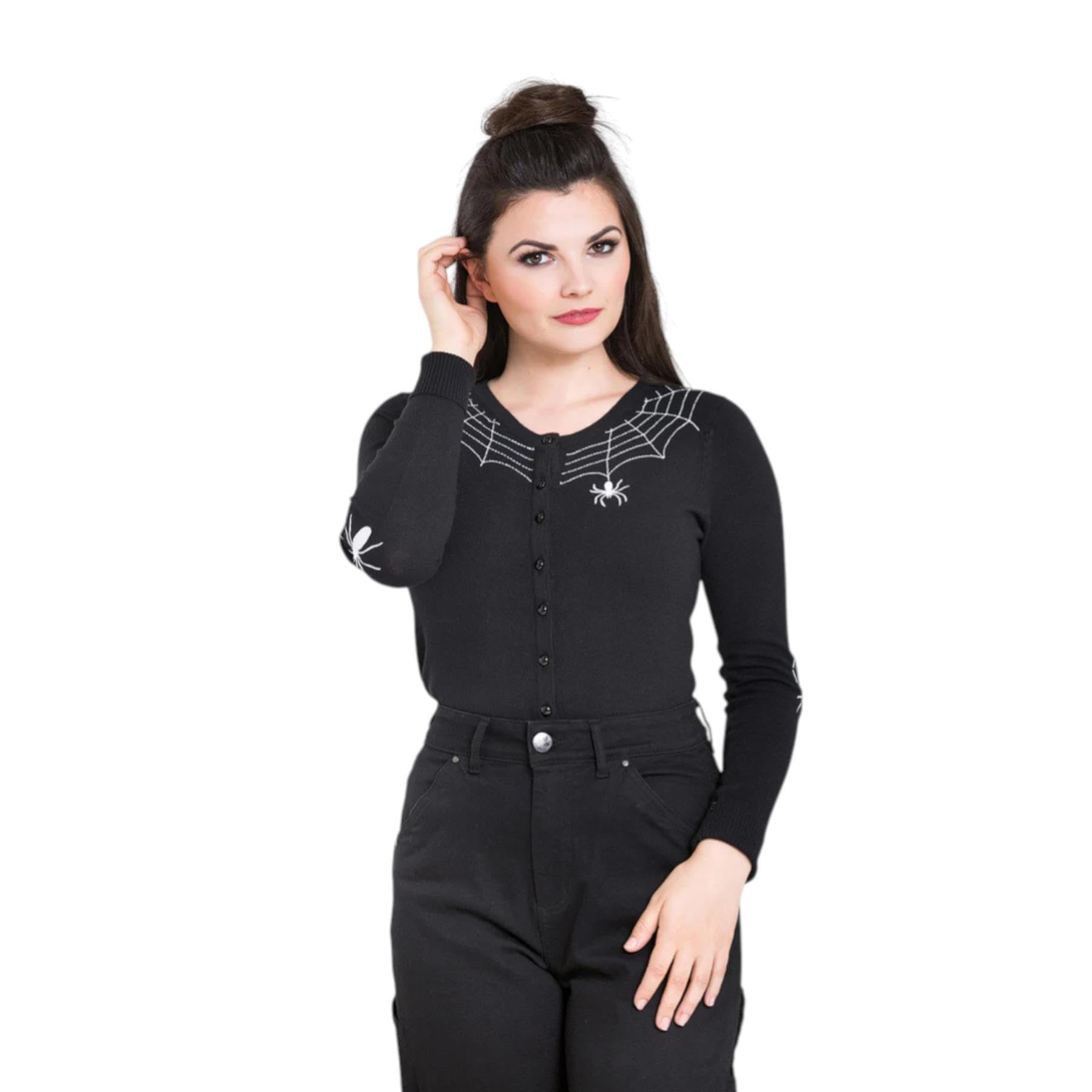 Hell Bunny Women's Black Spider Web Embroidered Fitted Cardigan Sweater With Dome Buttons In | Size: Xl
