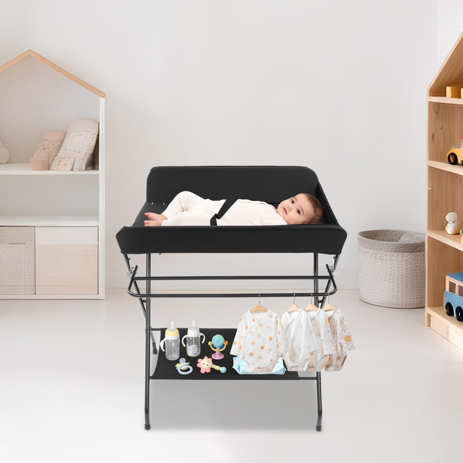 Cambiador de pañales, cambiador plegable negro, estación de cambio portátil, altura ajustable, adecuada para cambiar pañales, secar ropa y almacenamiento
