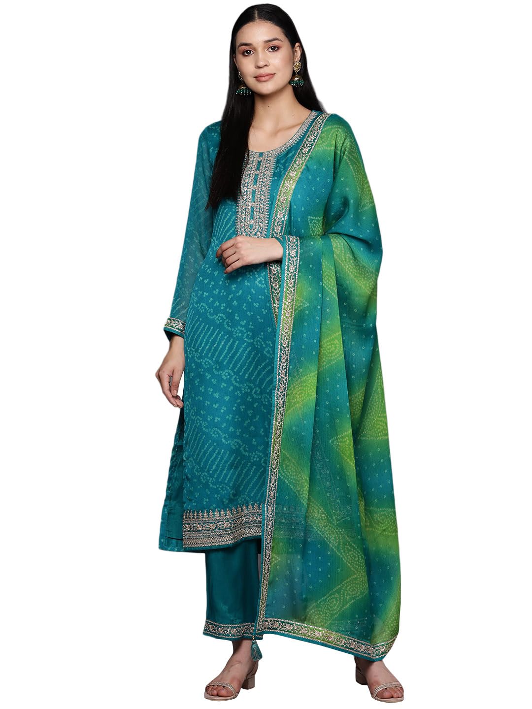 Libas Women's Printed Poly Chiffon Straight Kurta Trouser With Dupatta Set