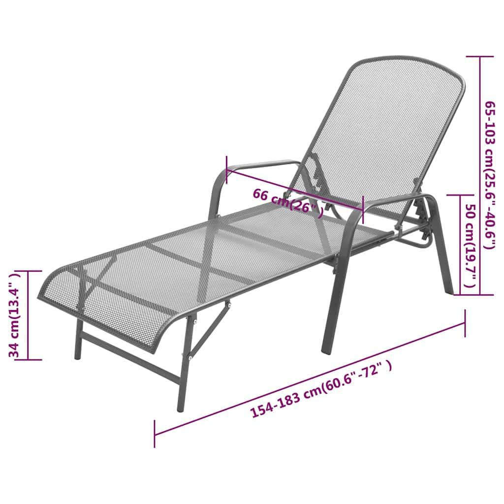 Sedia a sdraio in acciaio antracite con schienale regolabile in 5 posizioni, robusto design a griglia in metallo, pieghevole, ideale per giardino, terrazza, balcone, piscina, sdraio relax