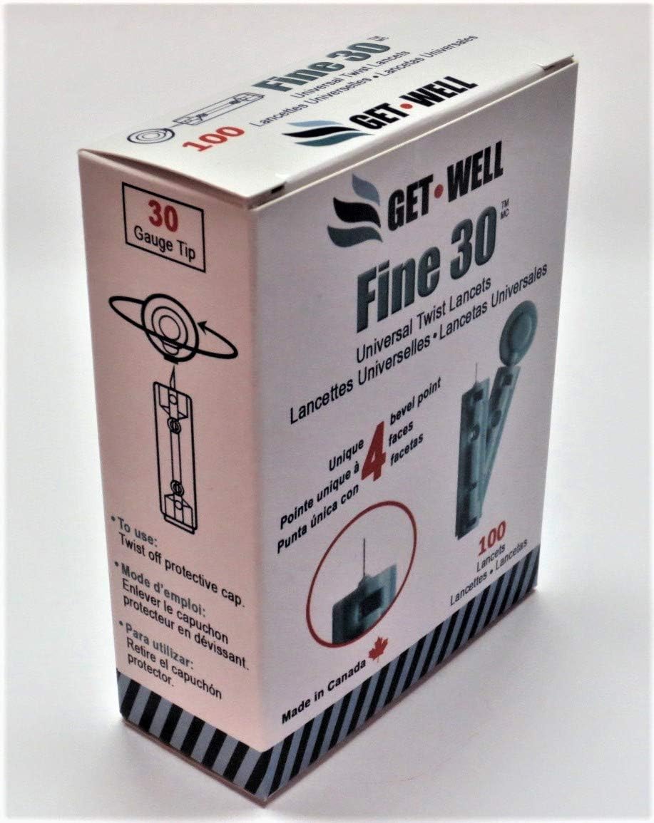 GET WELL Fine 30g Universal Twist Lancets - Made in Canada ! Master Case (140 Boxes of 100 Ct.) Unique Quad Bevel Tip Lancets Made in Canada