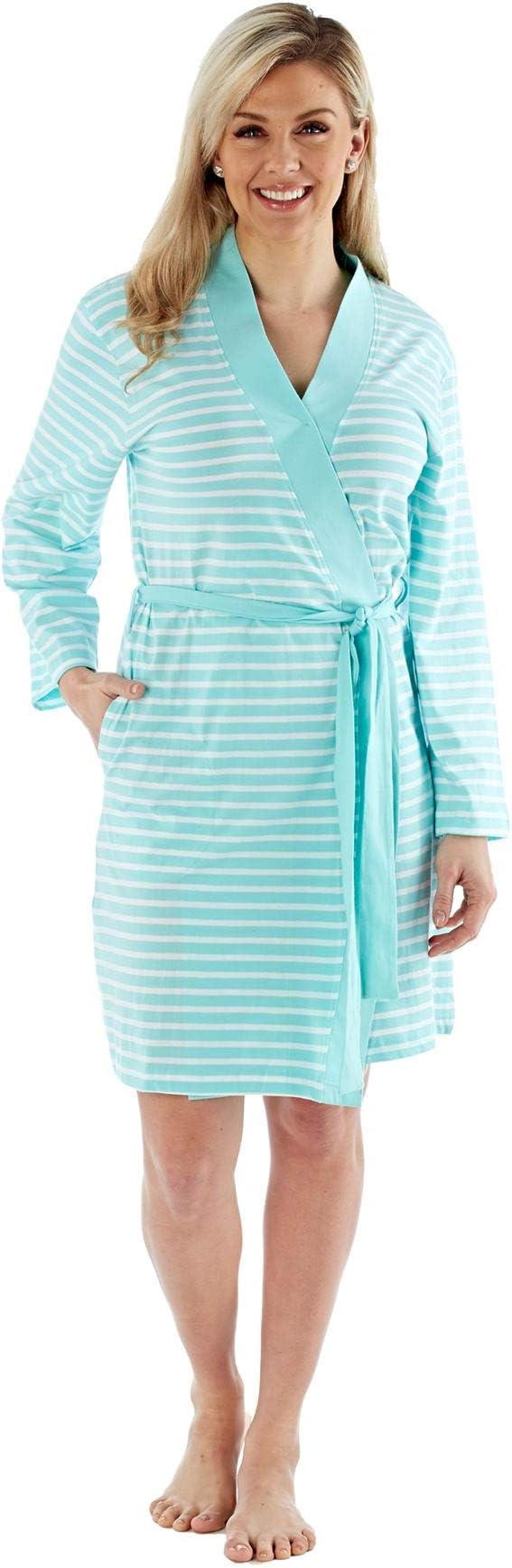 Selena Secrets Womens Luxury Soft Jersey Cotton Kimono Wrap Dressing Gown Robe (12-14, Aqua Stripe)