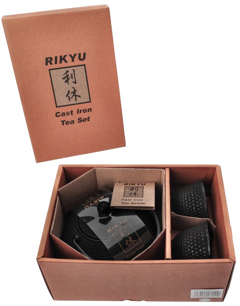 RIKYU RKTS1005BK Cast Iron ARR Tea Set with Trivet, 16 Ounce, Black
