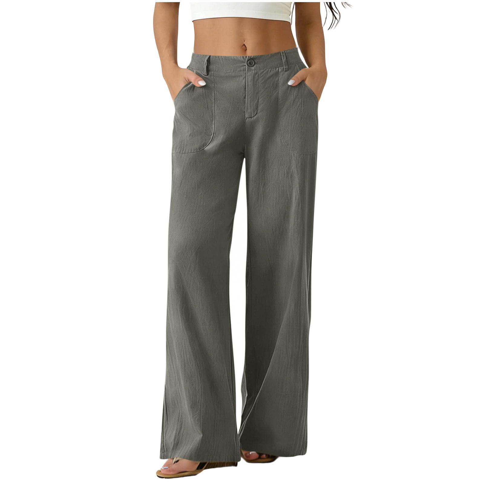 Pantaloni Donna Estivi in Cotone e Lino Eleganti Elastico Vita Alta Pantaloni Lino Donna Larghi Curvy Leggeri e Comodi a Gamba Larga Casual Yoga Pantalone Gamba Dritta con Tasche per Business Ufficio