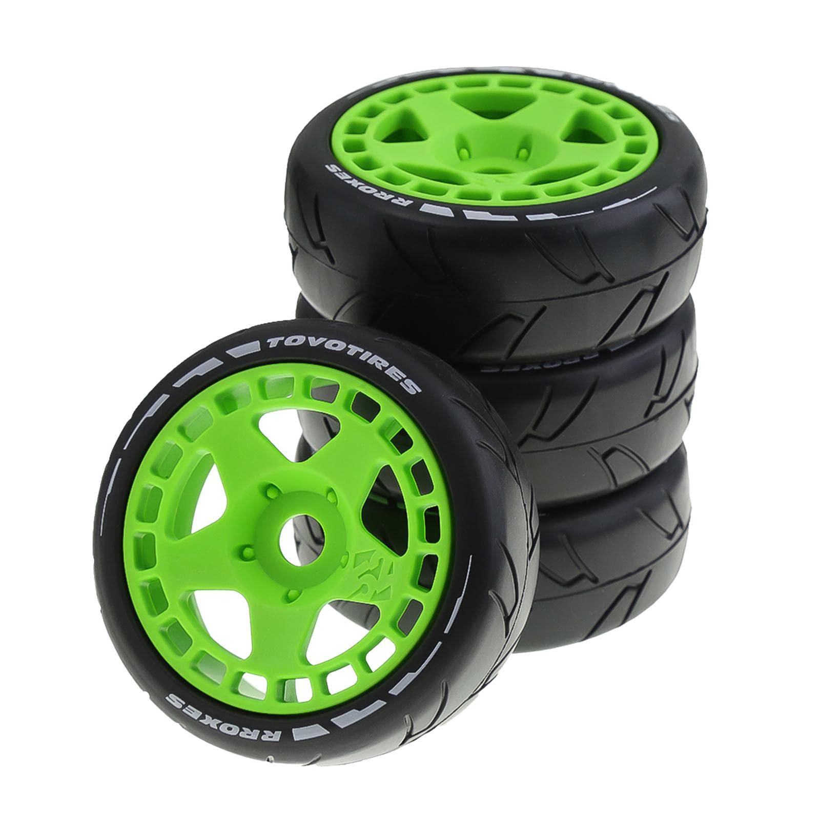 4 Stück RC Auto Reifen Gummireifen Felgen Ersatzteile für 1 7 1 8 Modellautos mit Zuverlässigem Halt für Spiel Dekoration, Leuchtendes Grün