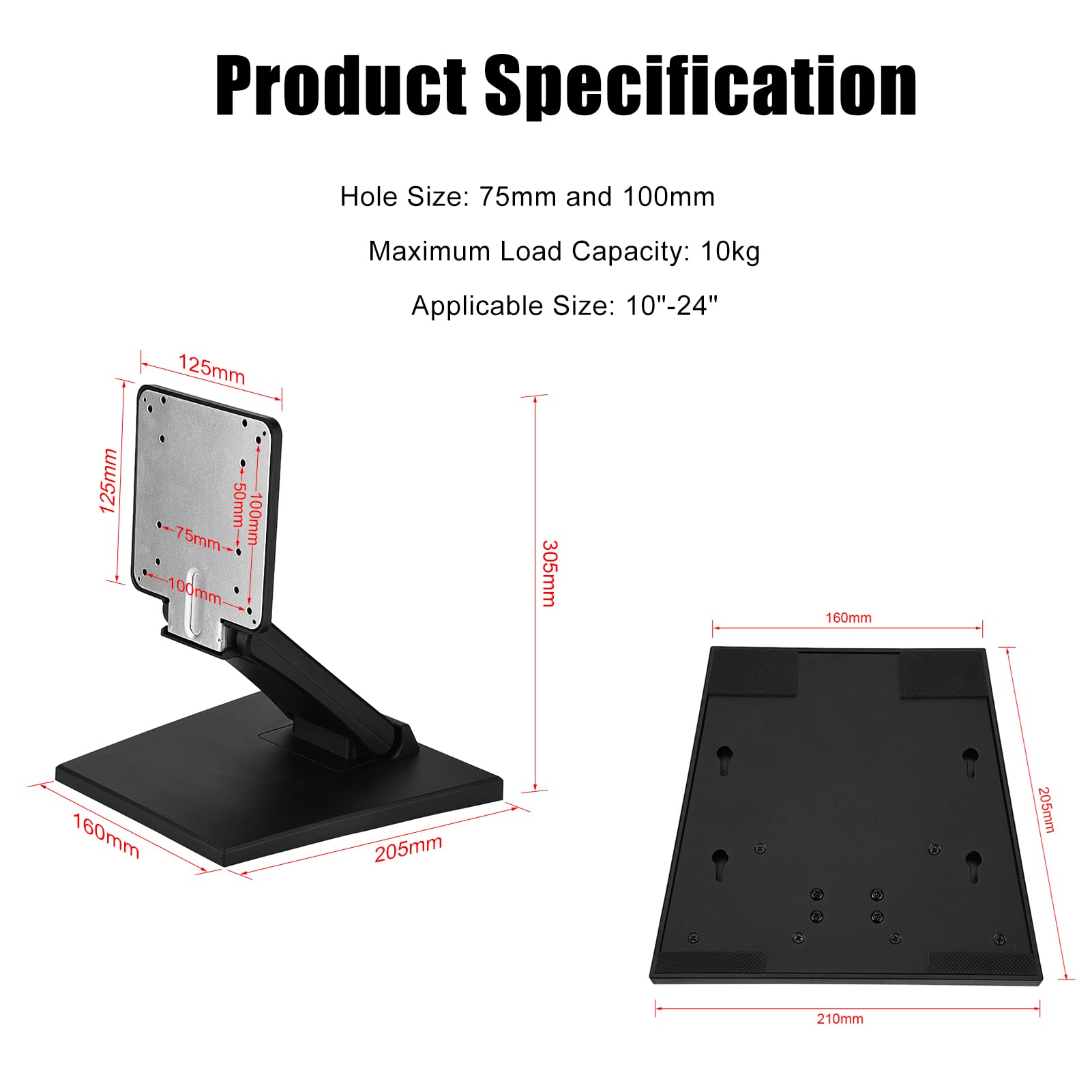 Supporto per Monitor da Scrivania, Supporto per Monitor LCD LED Supporti TV per Schermi Piatti da 10"~24", capacità 10Kg, Supporta VESA, Compatibile con 75x75mm, 100x100mm