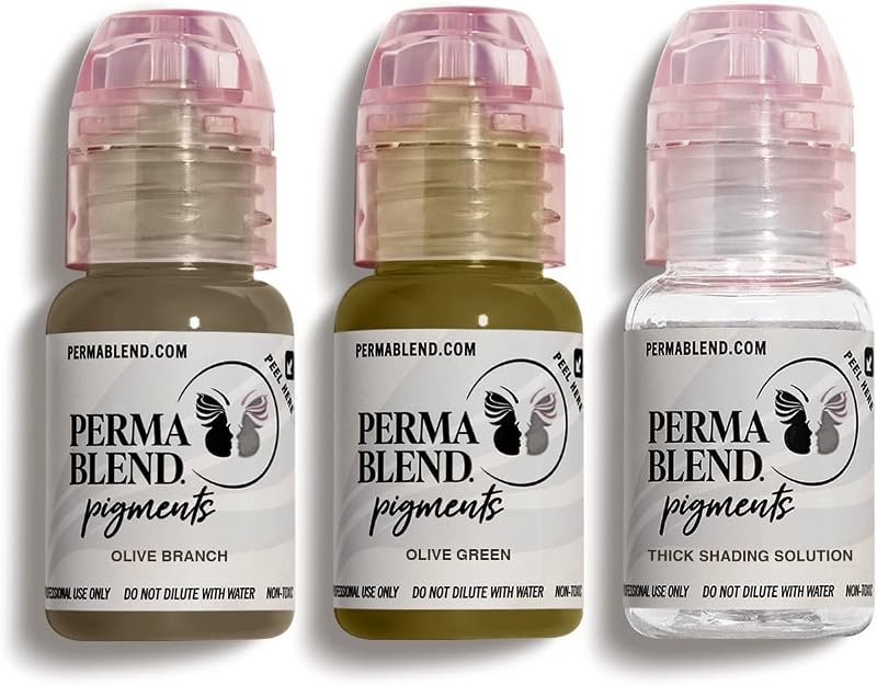 Perma Blend Kit de Modificadores Frios para Sobrancelhas com Tinta para Tatuagem, Olive Branch, Olive Green e Solução de Sombreamento, 3 unidades de 0,5 oz