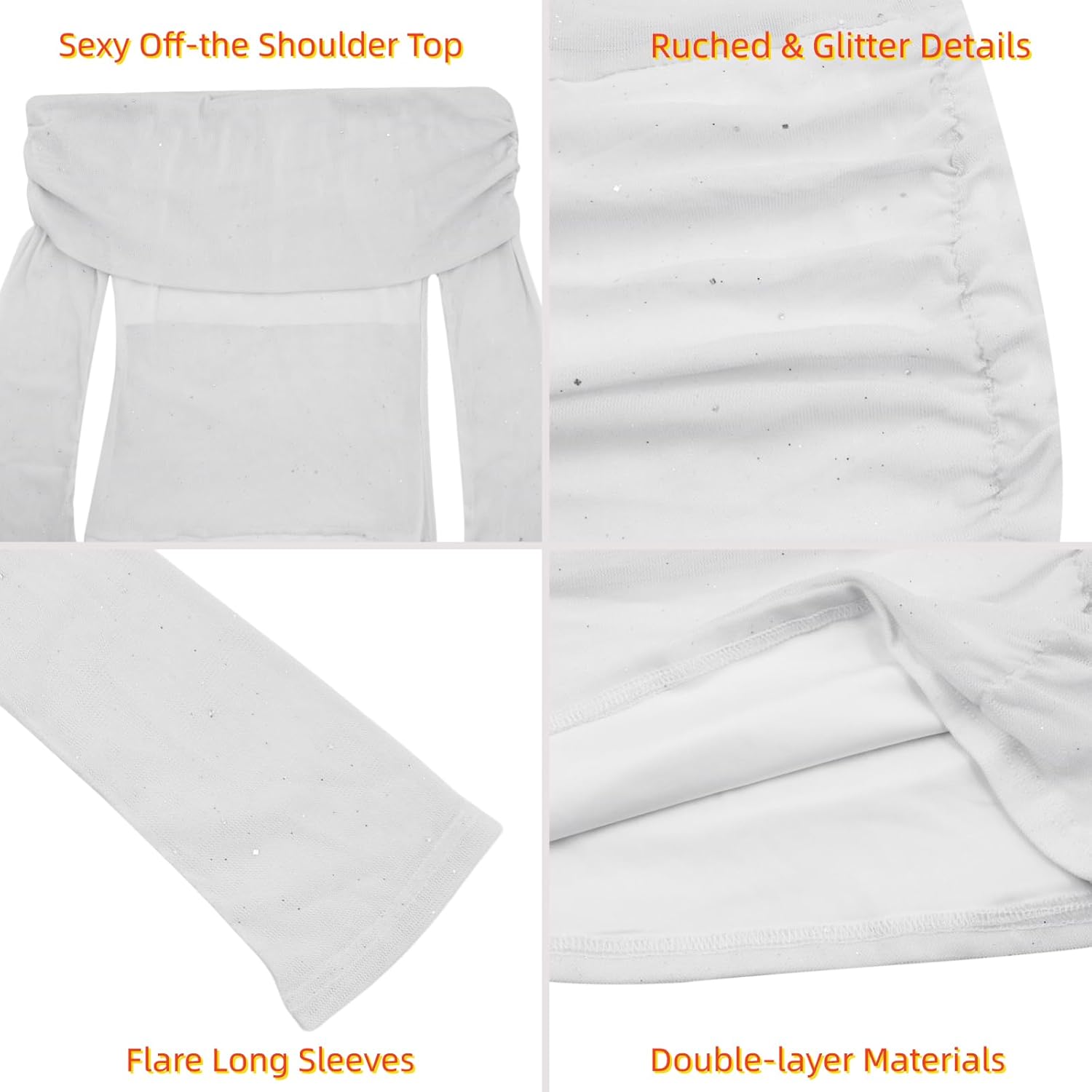 RARITYUS Women’s Off Shoulder Glitter Mini Dress Sexy Sheer Mesh Ruched Bodycon Dress Flare Long Sleeve Party Dresses - Image 6