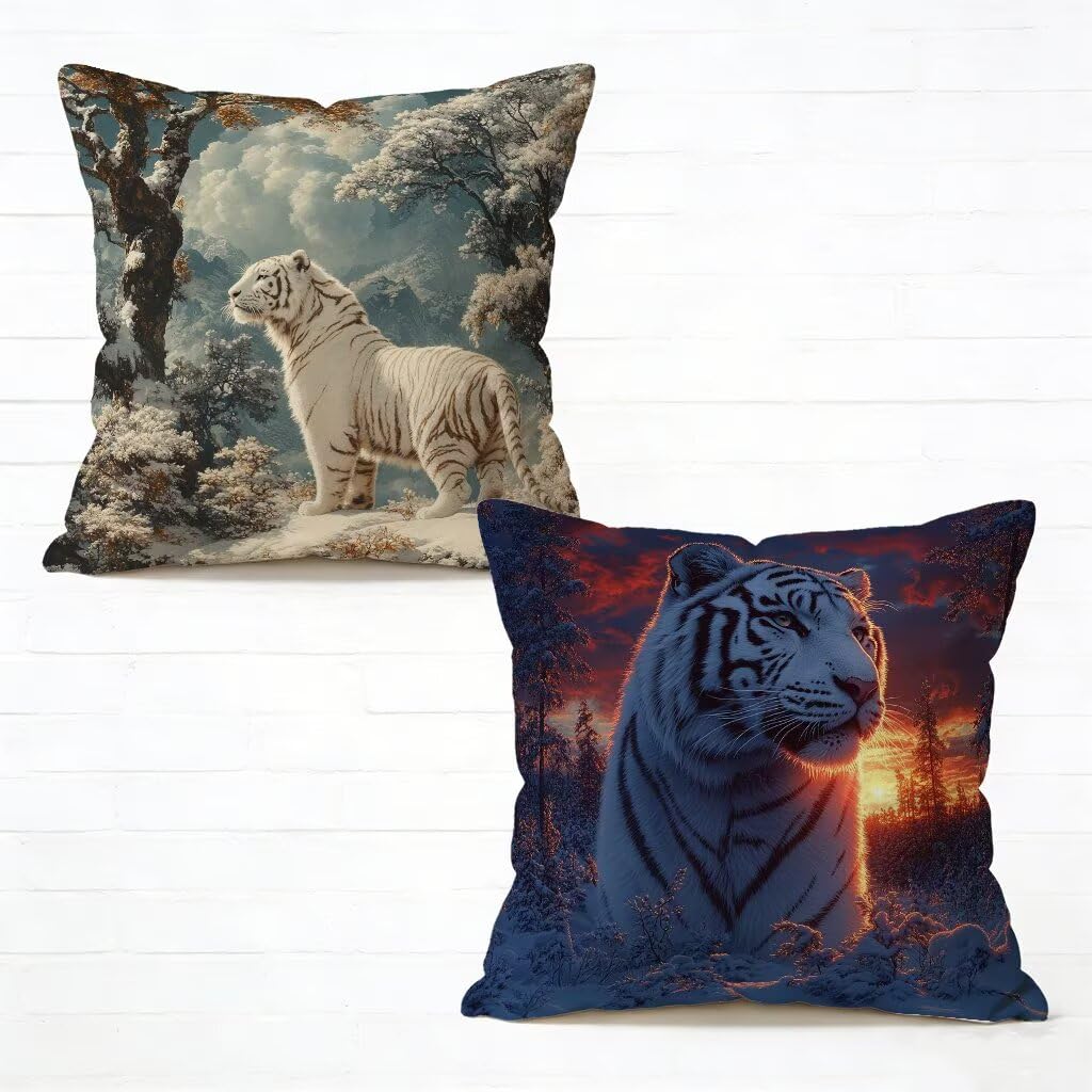 Taie Oreiller 50x50 cm Lot de 2 Blanc en Lin avec Motif Tigre