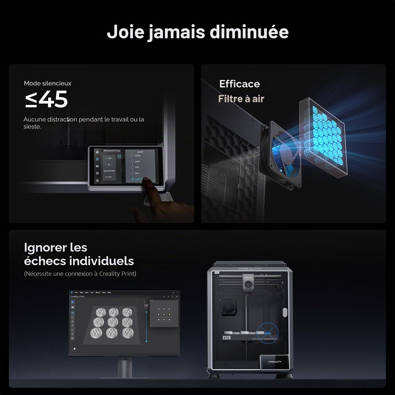 Creality K1C Imprimante 3D, Vitesse d'impression Max de 600mm/s, Équipée d'une Caméra IA, kit Extrudeur Tout Métal, Buse à Échange Rapide en Trois Métaux, Supporte Les Filaments en Fibre de Carbone