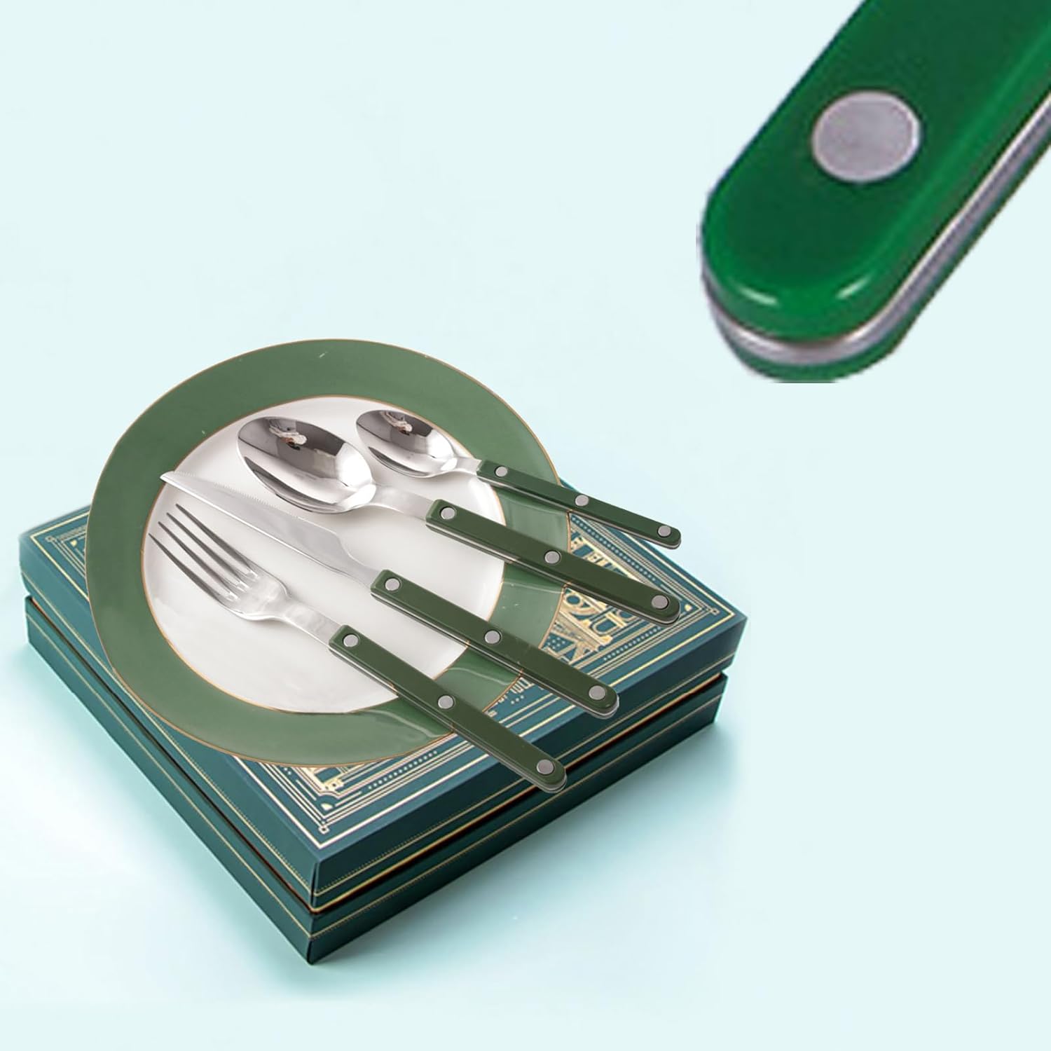 JUSTSHOT 64 Piece Rivet ABS Handle Flatware Set for 16,1810 Stainless Steel Green Handle with Rivets Silverware Set,Rivet Handle Cutlery Flatware Set,Silver Forks and Spoons Silverware Set