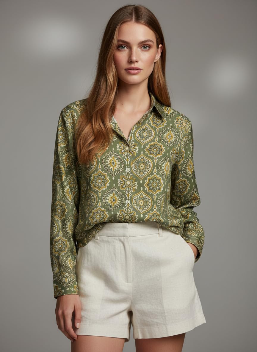 ANNI Designer Bedrucktes Damenhemd aus Baumwollmischgewebe, langärmelig, normale Passform, Hemdkragen, legere Bürokleidung, elegante Western-Kleidung für den Alltag, Hochzeit, Party