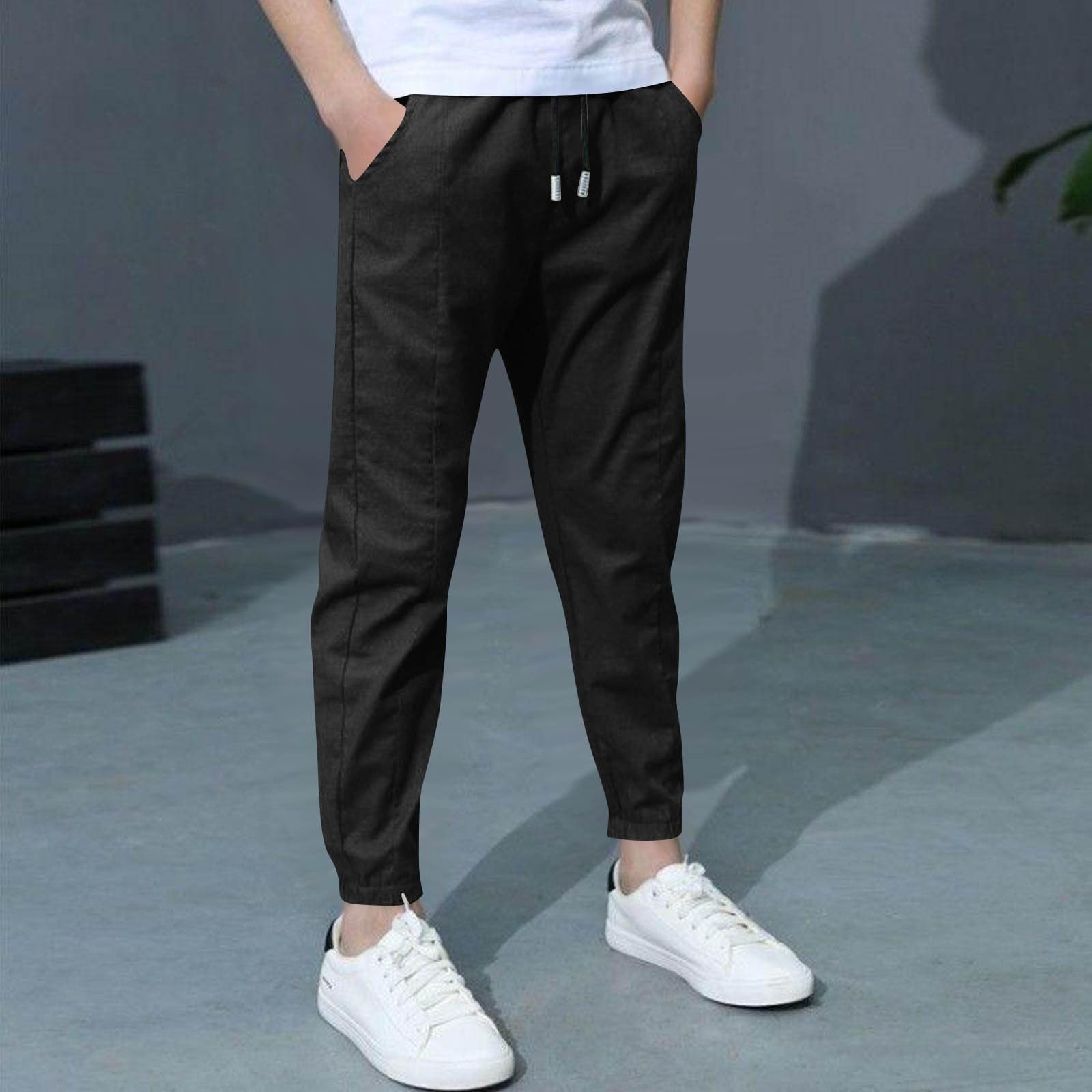 Pantalones de chándal de lino para niños con cordón, cintura elástica, ajuste holgado