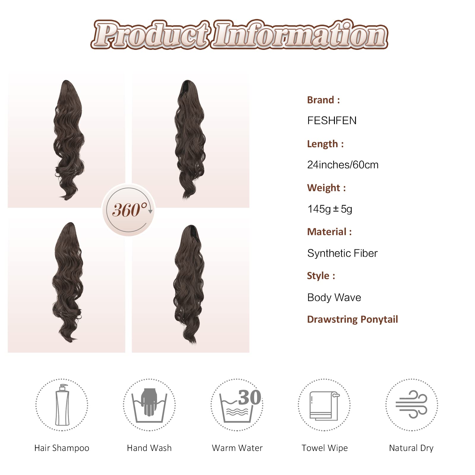 FESHFEN Extension Coda Capelli Lunga Castano Medio Posticci per Capelli Ondulati Ricci Coda Cavallo Capelli Extensions Finta per Donne, 60 cm