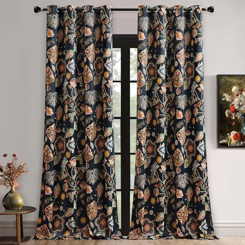 Image of XiDi Vintage Floral Patterned Curtains Blackout for Bedroom Living Room | 102 Inches Long 2 Panels Thermal Insulated Luxury Curtains with Botanical Leaf Printed Design Grommet Drapes Navy Blue 52x102