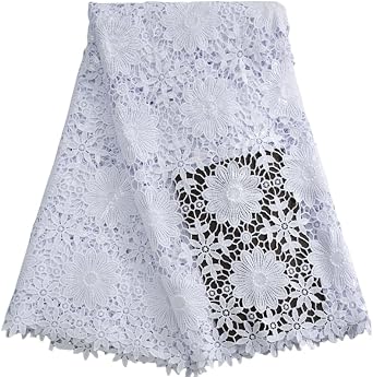 African Lace Fabric 5 Yards, Nigerian Solid White Jacquard Water Soluble Lace Fabric for Party Wedding Dress Sewing