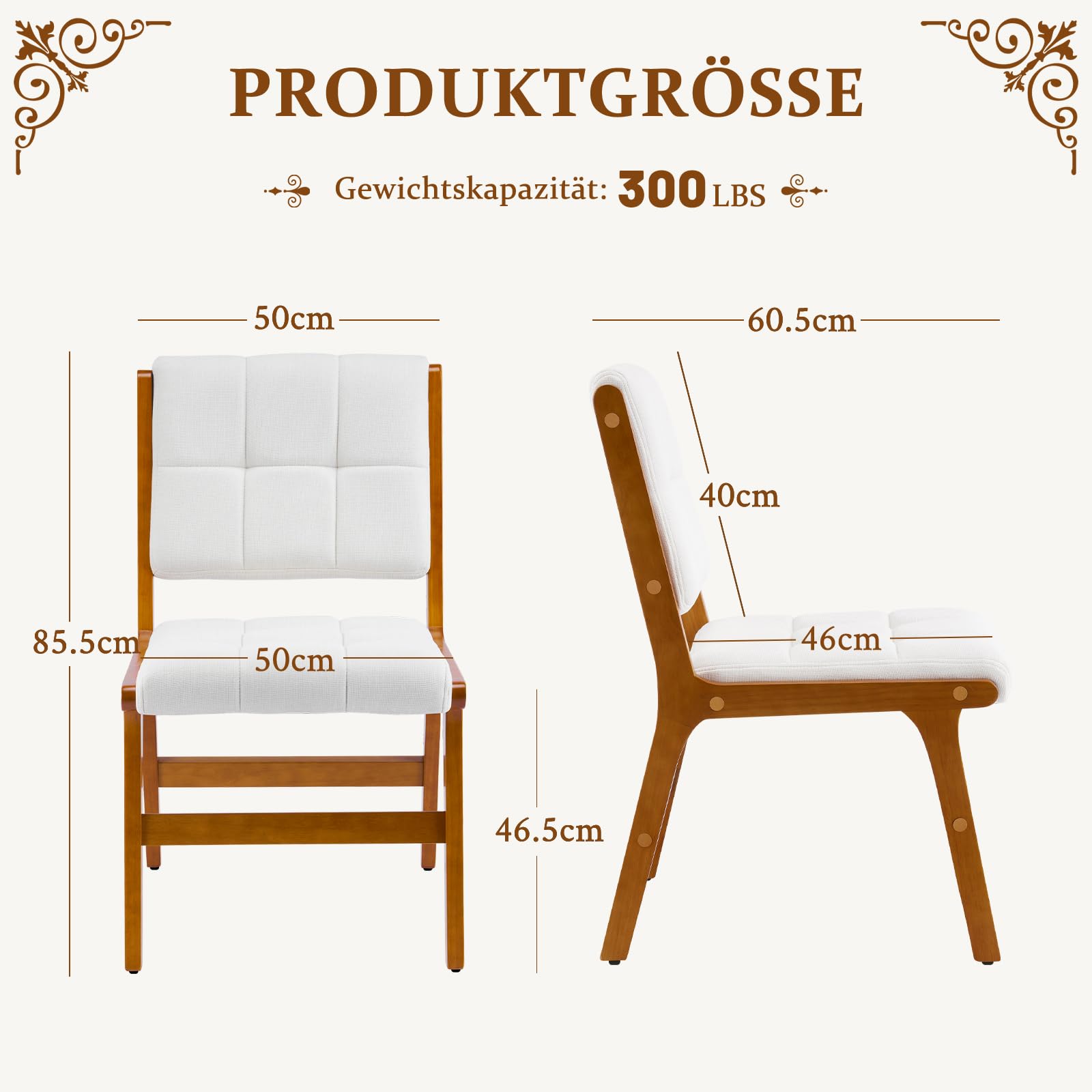 Esszimmerstühle 2er Set, Küchenstühle aus Holz, Stuhl Esszimmer Wohnzimmer Polsterstuhl Armlehnstuhl mit Rückenlehne für Esszimmer Küche Wohnzimmer, Beige, Leinen