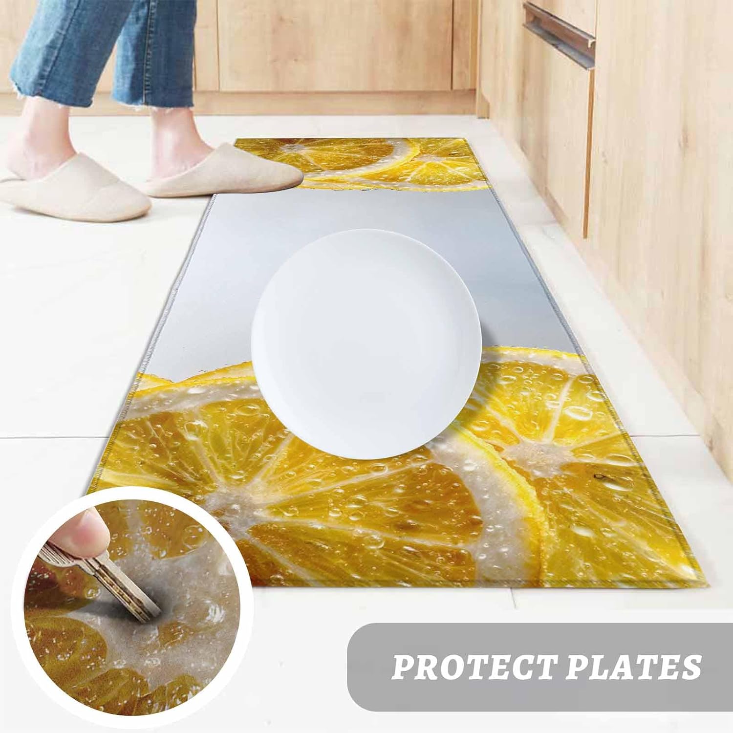 Teamery Kitchen Mats for Floor Watercolor Yellow Lemon Slices Washable Non Slip Kitchen Rugs 1PCS, Summer Fruit Absorbent Standing Mats for Sink Bathroom Office Living Room 23.6x70.9in