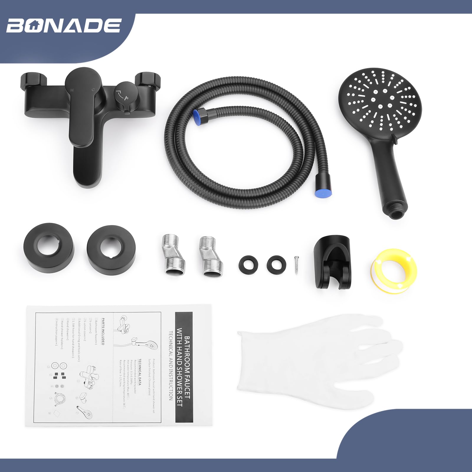 BONADE Badewannenarmatur mit Handbrause, Badewannenarmatur Schwarz Wannenarmatur, Aufputz Wasserhahn Badewanne Armatur, Duscharmatur mit Duschkopf 3 Funktionen, Wannenbatterie Dusche Set für Bad