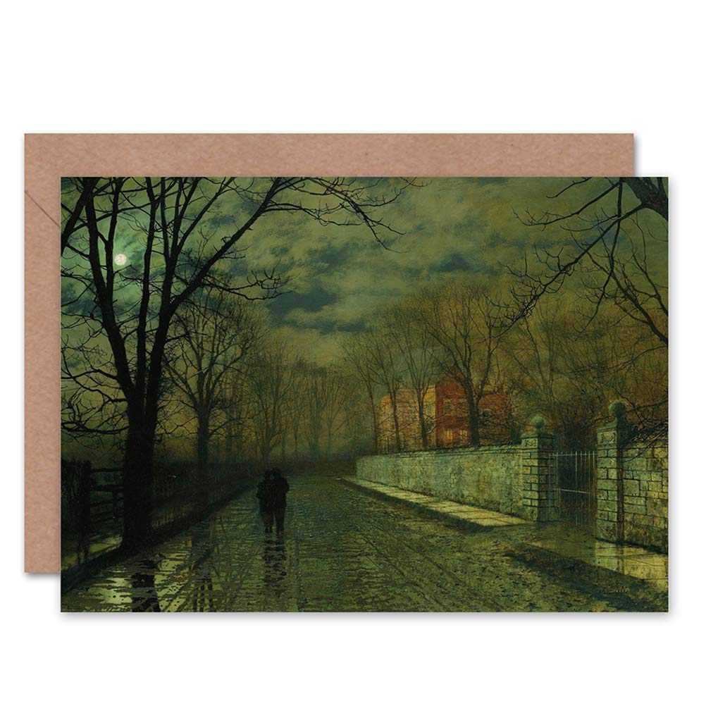Wee Blue Coo JOHN ATKINSON GRIMSHAW PAINTINGS FIGURES MOONLIT LANE RAIN GREETING CARD
