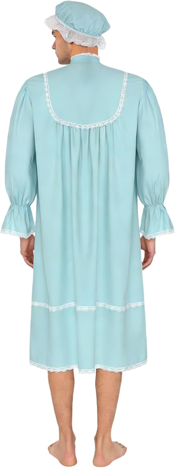 Lejafay Adult Victorian Pajamas Set for Men Vintage Thobe Nightshirts with Sleeping Cap Nightgown