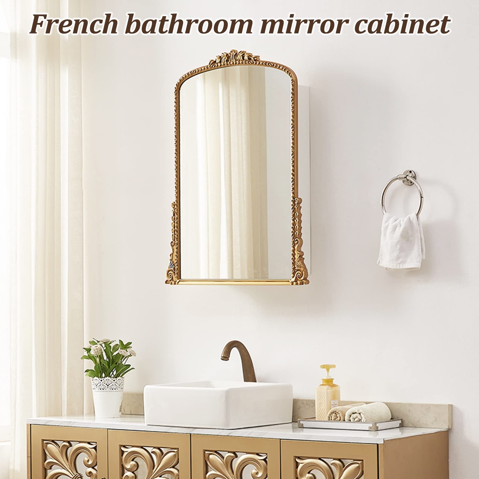 Armadietto da bagno con specchio da incasso, con cornice in metallo e specchio inclinabile, design rettangolare arrotondato