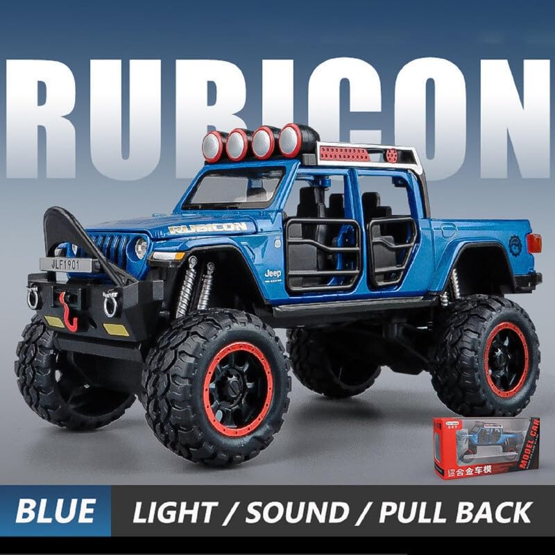 Image of Kids Model 1:32 Rubicon Die Cast Metal Car Pull Back Action Opening Doors with Realistic Engine Sound Lights Toy Car Gift for Boys - Blue