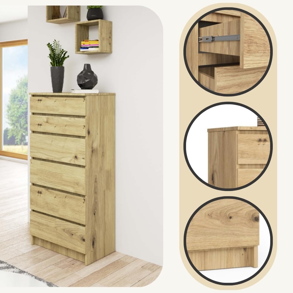 AKORD Cassettiera K60 con 6 Cassetti | Credenza Alta | Moderna Mobiletto per Soggiorno Sala da Pranzo Camera da Letto Corridoio Bagno | Armadio Cameretta | 60x130x40 cm, 43kg | Rovere artigianale